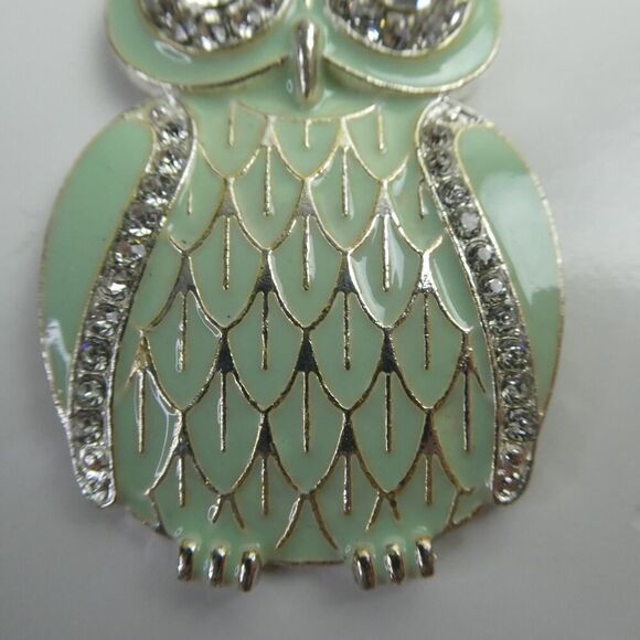 Green Owl 2" Pendant Silver Tone Chain Necklace Rhinestone Plus Size Friendly - Picture 4 of 12